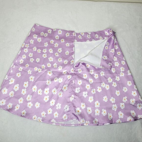 Lyaner Lavender Floral Satin Silky High Waist Mini Skirt 90s Inspired‎ Size XL - Picture 4 of 8